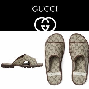 New💕Gucci Men's Beige and Brown Slide Sandals